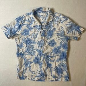 Porter & Ash Mens Medium Linen Shirt Blue‎ Floral Tropical Hawaiian Button Up